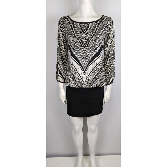 NICOLE BY NICOLE MILLER - WOMEN'S BLACK & CREAM PRINT STRETCH BLOUSON DRESS - S - Picture 1 of 11